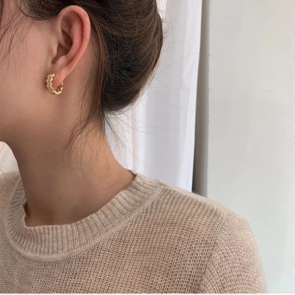 *Gold/Sterling Silver Diamond Wave Hoop Earrings - Picture 4 of 11